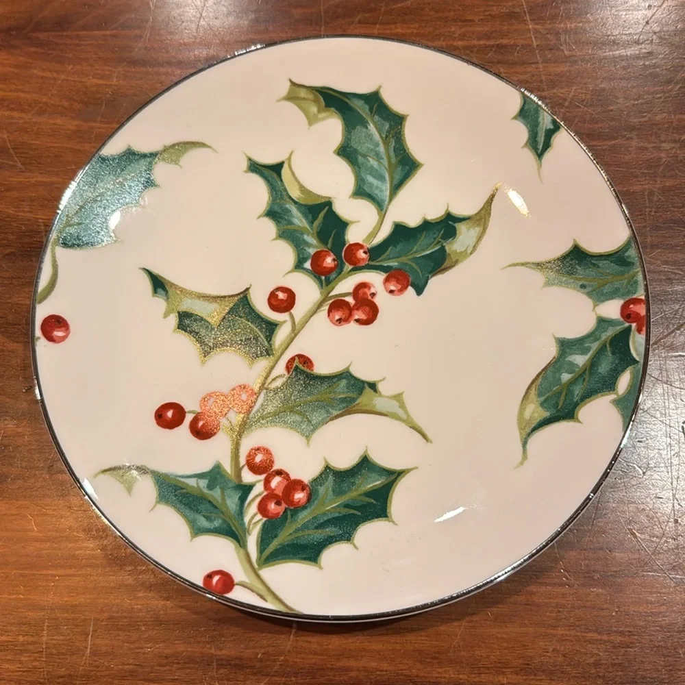NWOT Restoration Hardware Holly Salad Plate 7 3/4” Silver Rim Christmas Holuday